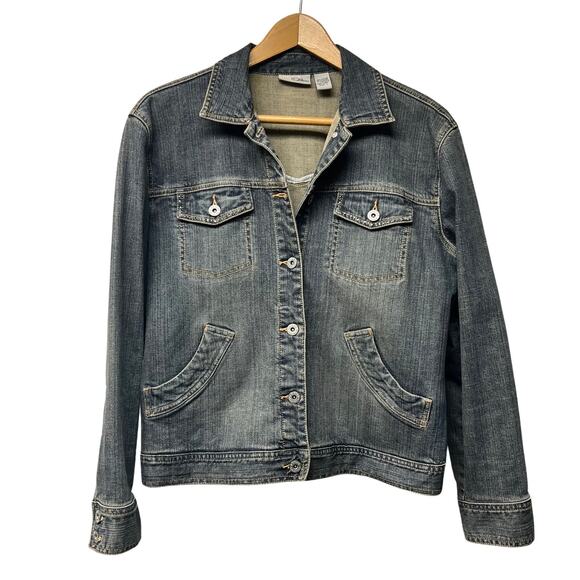 Chico’s Platinum Denim Jean Jacket Rhinestone Accents Size 8 Medium Chico's 1 - Picture 1 of 4